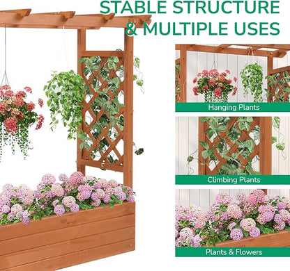 Vasitelan Raised Garden Bed with Trellis, Wooden Elevated Planter Box w/Drainage Holes & Removable Bottom Panels for Climbing Vine Flower, Indoor Outdoor Wood Planter for Yard Patio (Wood Color)
