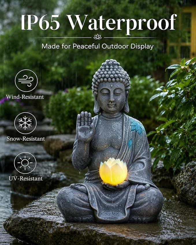 Nacome Solar Buddha Garden Statue Decor: Sitting Resin Figurine with Lotus Flower Light Zen Sculpture for Patio Lawn Yard Porch Balcony Meditation Space - 10.6 inches(Grey)