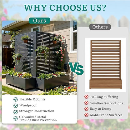 Metal Planter Box with Trellis, Galvanized Steel Raised Garden Bed with Privacy Screen, Lockable Casters, 73"x47"x16" Planter with Drainage Holes for Outdoor Climbing Plants, Vegetables, Patio