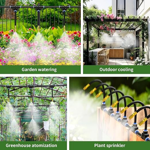 100Ft 1/4” Drip Irrigation System – Drip Irrigation Kit & Garden Watering Kit with 16 Pcs 360° Adjustable Copper Nozzles, Automatic Mist Spray for Raised Bed, Lawn, Garden & Potted Plants