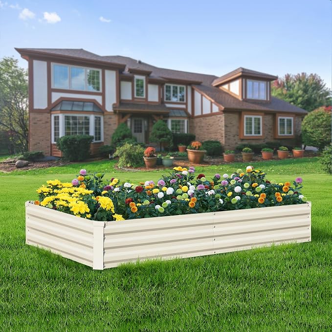 Raised Garden Bed Beige, 6x3x1ft Galvanized Raised Garden Bed Outdoor Metal for Gardening Vegetables Flower Garden Planter Box Large Raised Bed with Gloves and 3ftx30ft Weed Barrier Fabric
