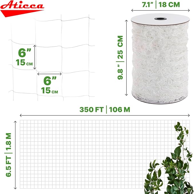 ATICCA Trellis Netting 6.5 x 350 ft Heavy Duty Polyester Plant Support Netting White - 6 Inch Garden Rope Trellis on Roll - Mesh Twine for Growing Vine Climbing Plants, Flowers, Peas, and Tomatoes.