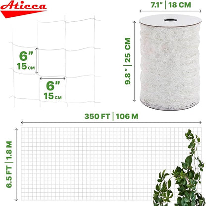 ATICCA Trellis Netting 6.5 x 350 ft Heavy Duty Polyester Plant Support Netting White - 6 Inch Garden Rope Trellis on Roll - Mesh Twine for Growing Vine Climbing Plants, Flowers, Peas, and Tomatoes.