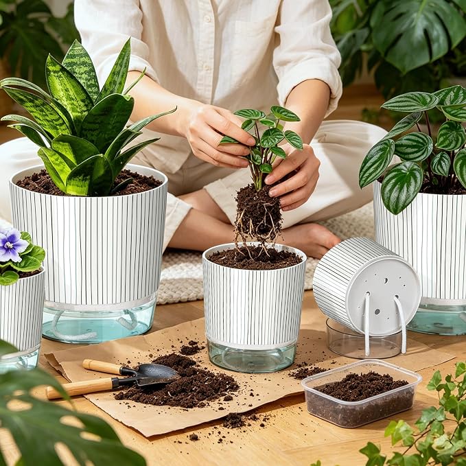 6 Pack Self Watering Pots for Indoor Plants, 4+5.5+6.3 Inch Self Watering Plant Pots Set, Flower Pots with Wick Rope and Reservoir for African Violet, Spider Plant, Orchid