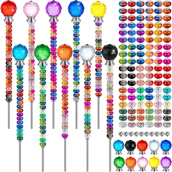 230 Pcs Beaded Garden Stakes DIY Fairy Wand Kit | 200 Colorful Assortment Round Large Hole Beads, 10 Round Stopper Top, 10 Threaded Rod & 10 Nuts, Outdoor Decoration