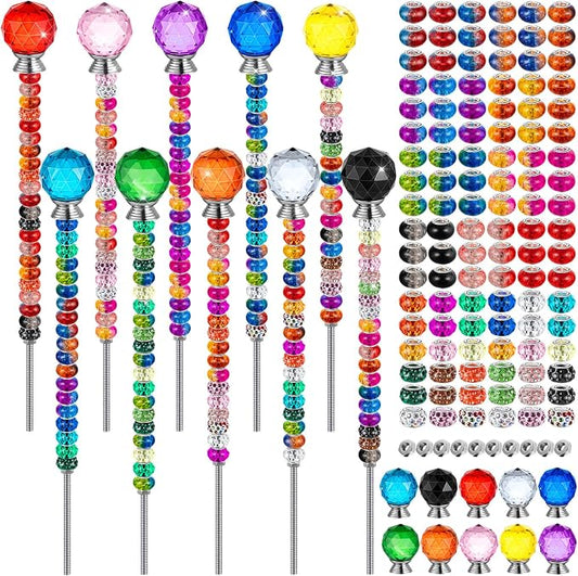 230 Pcs Beaded Garden Stakes DIY Fairy Wand Kit | 200 Colorful Assortment Round Large Hole Beads, 10 Round Stopper Top, 10 Threaded Rod & 10 Nuts, Outdoor Decoration