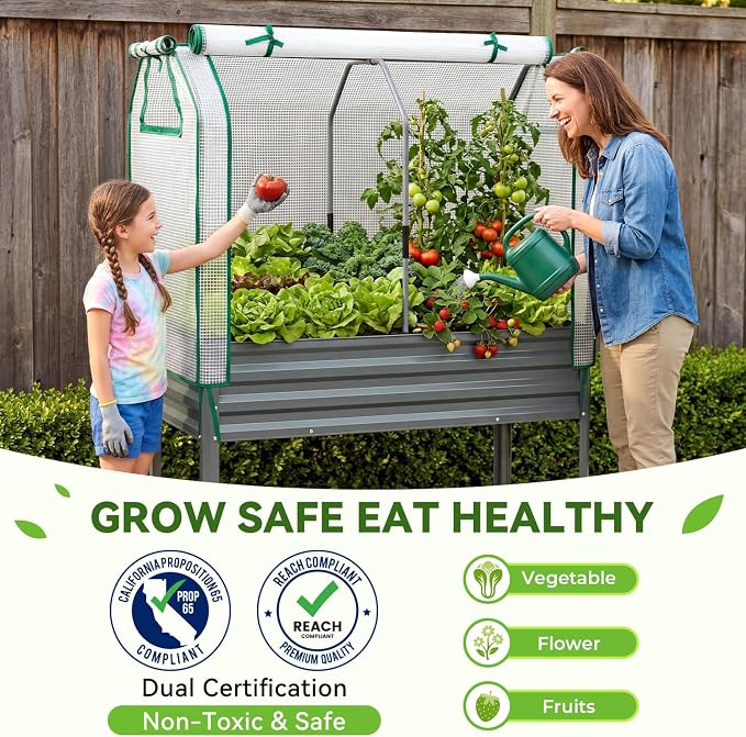 Ohuhu Raised Garden Bed with PE Cover, 48"x22"x59.5" Galvanized Elevated Planter Box with Legs, Large Garden Box Outdoor Planters for Outdoor Plants, Heavy Duty Gardening Bed for Flower Vegetable