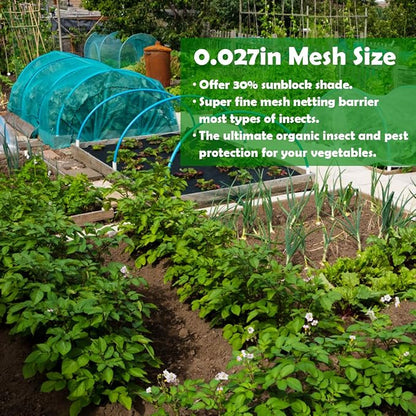 Garden Netting Kit for Raised Beds,10x33ft Ultra Fine Insect Netting Garden Bed Covers & 6 Sets of 8ft Fiberglass Garden Hoops (6set Garden Hoops with Green 10x33ft Garden Netting)