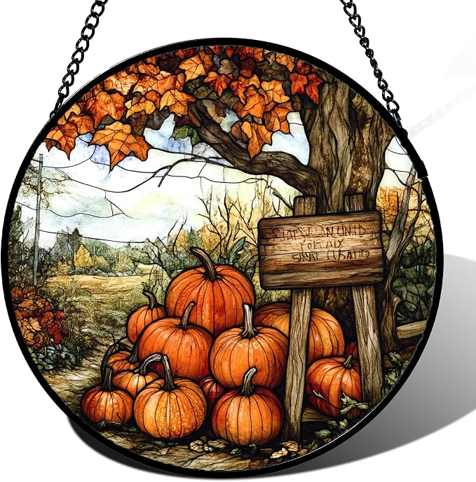 DASTOLL Stained Glass Window Hanging Fall Farm Scenery Maple Trees Pumpkin 6.3" - Suncatcher Door Garden Kitchen Sun Catcher Autumn Decor Birthday for Mom Nana Men Woman Friend
