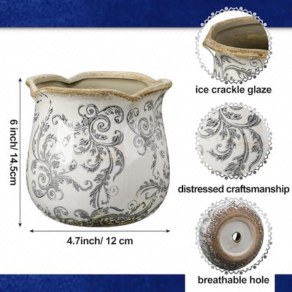 Newtay 6 Inch Ceramic Planter Gray Scroll Planter Decorative Plant Pots with Crackle Glaze for Home Kitchen
