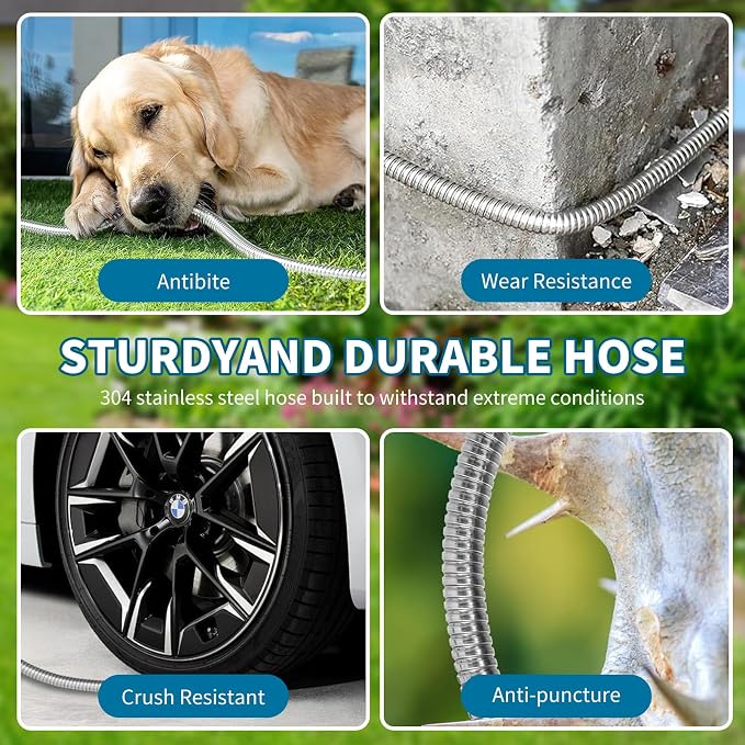50ft Water Hose, Non Kinking Stainless Steel Hose, Kink Free Flexible 50 Foot Metal Hose for Outside Yard Backyard Lawn, Burst Proof with 10-Pattern Nozzle