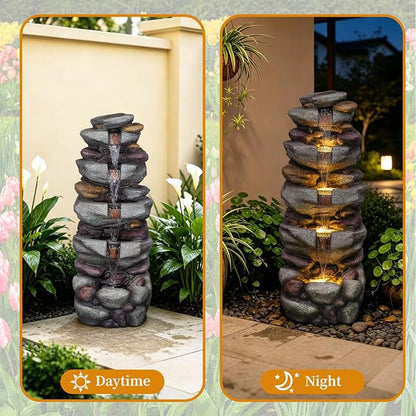 38.9" H Large Outdoor Fountain, 5-Tier Cascading Rock Waterfall Fountain with LED Lights, Freestanding Water Feature for Garden Patio Backyard Porch Decor