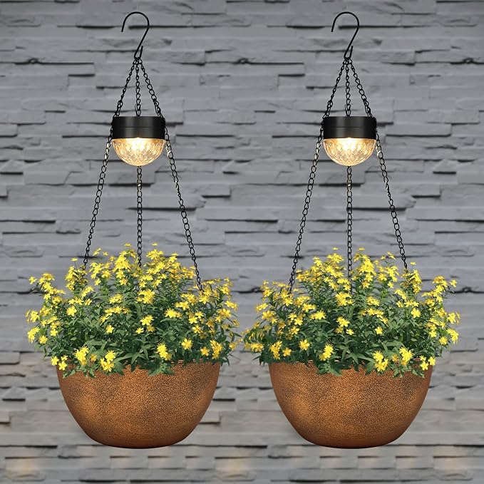 BAYN 2 Packs Solar Hanging Basket Planters for Plants Outdoor | Self Watering, Bronze Flower Pots with Solar Light , Hanging Planters with Drainer for Balcony Patio Garden Decoration