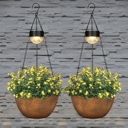 BAYN 2 Packs Solar Hanging Basket Planters for Plants Outdoor | Self Watering, Bronze Flower Pots with Solar Light , Hanging Planters with Drainer for Balcony Patio Garden Decoration