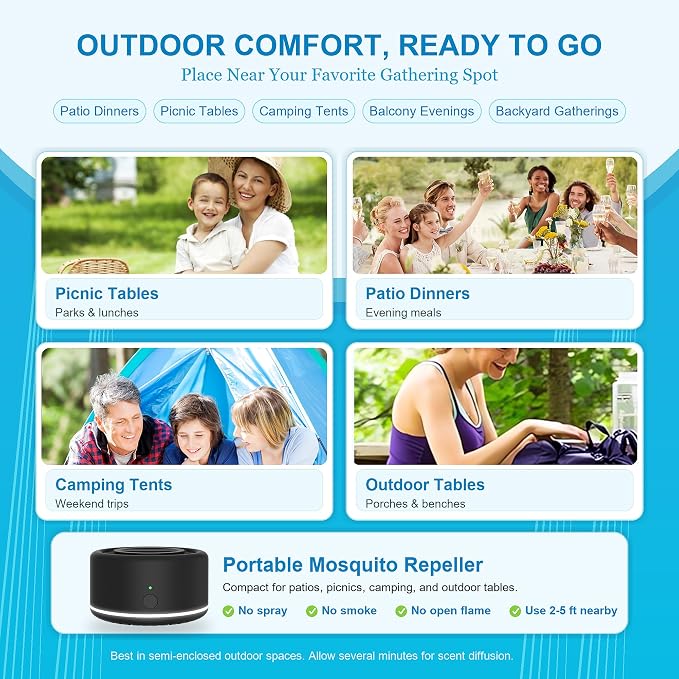 Virine Mosquito Repeller with Adapter, Portable Mosquito Repellent Device with 2 Refills, Fan-Powered Diffusion, USB-C Rechargeable for Patio, Camping, Backyard and Outdoor Use