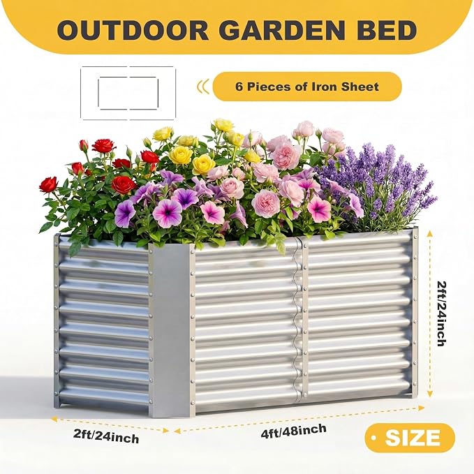 AHEONLAR 2 Pack 4×2×2ft Galvanized Raised Garden Beds, Rectangle Durable Planter Boxes Outdoor for Vegetables, Fruits, Flowers and Plants, Quick Assembly, Silver