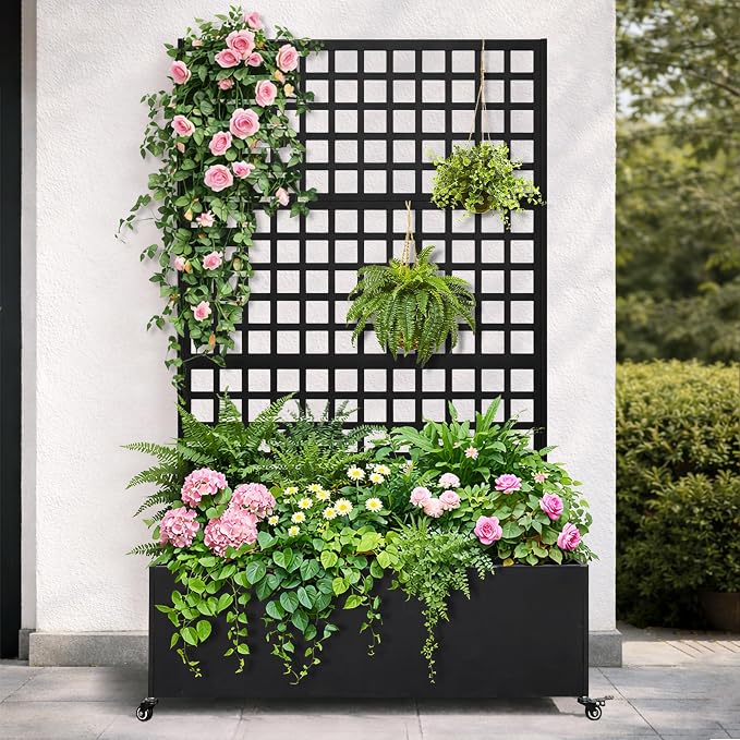 Metal Raised Garden Bed with Grid Trellis and Wheels, 43” L x 16” W x 71” H Privacy Screen for Climbing Plants, Metal Planter Box with Drainage Holes, Black