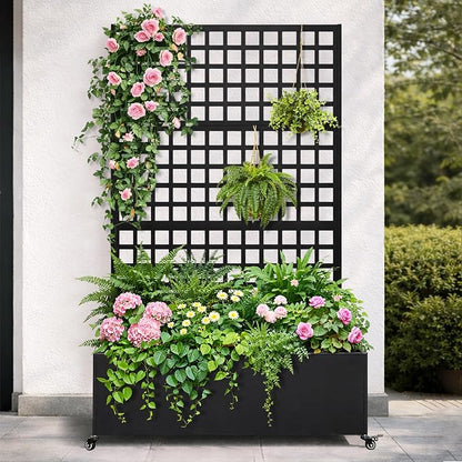 Metal Raised Garden Bed with Grid Trellis and Wheels, 43” L x 16” W x 71” H Privacy Screen for Climbing Plants, Metal Planter Box with Drainage Holes, Black