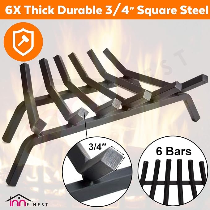 Fireplace Log Grate 23 inch 6 Bar Fire Grates Heavy Duty 3/4” Wide Solid Steel Indoor Chimney Hearth Outdoor Fire Place Kindling Tool Pit Wrought Iron Wood Stove Firewood Burning Rack Holder