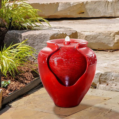 Teamson Home Outdoor Pot Fountain with LED Lights and Pump, Floor Water Fountain for Patio, Garden, Backyard, Decking Home Décor, 16.93 Inch Height, Red | LED Lights, Pump Included, Floor Water Fountain, For Patio, Garden, Backyard, Decking