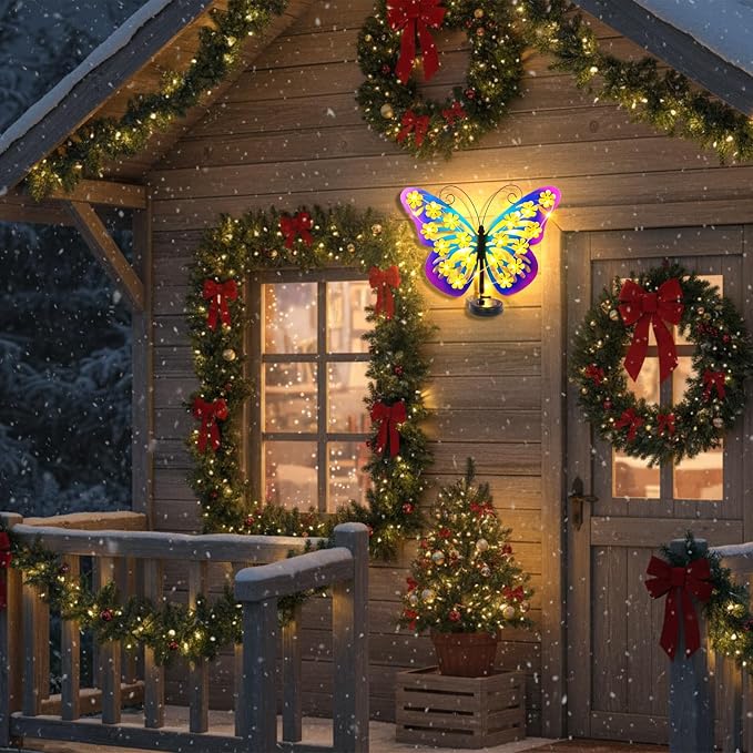 Solar Lights Outdoor Metal Butterfly Wall Decor with 30 Led-13.5" Outdoor Fence Wall Art Decor, Gifts for Women Mom Grandma Birthday,Hanging Decoration for Garden Patio Porch Yard,Xmas gifts for women