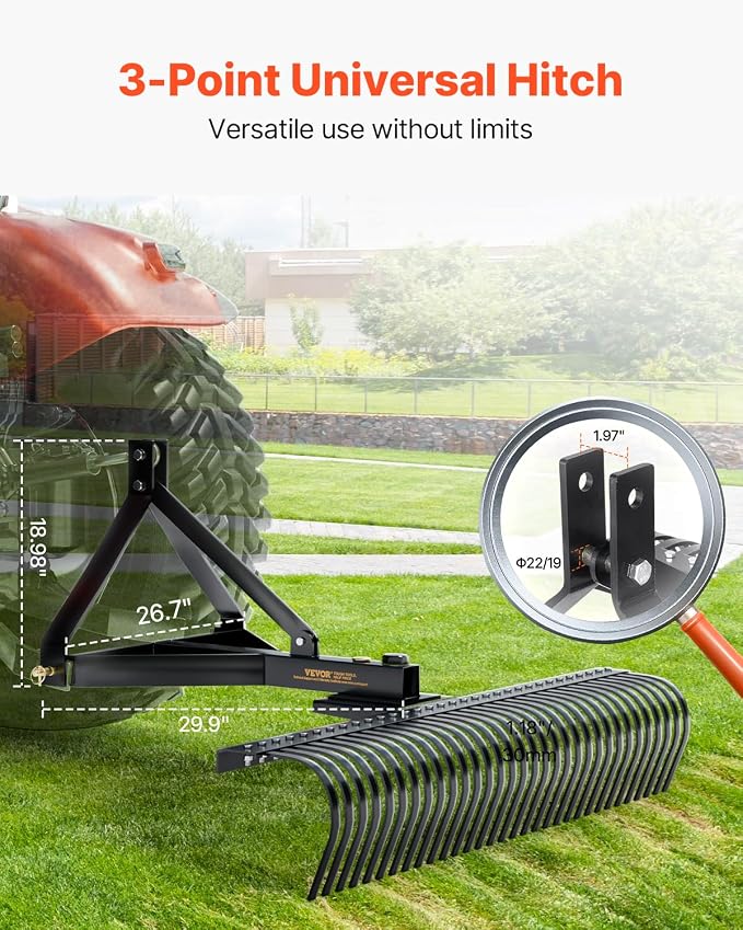 VEVOR Tow Behind Dethatcher, 72-inch 3-Point Tow Behind Lawn Dethatcher Rake with 36 Steel Tines for Tractor, Heavy Duty Landscape Rake with Attachments for Lawn, Garden, Farm, Grass, and Branches