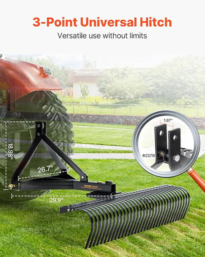 VEVOR Tow Behind Dethatcher, 72-inch 3-Point Tow Behind Lawn Dethatcher Rake with 36 Steel Tines for Tractor, Heavy Duty Landscape Rake with Attachments for Lawn, Garden, Farm, Grass, and Branches