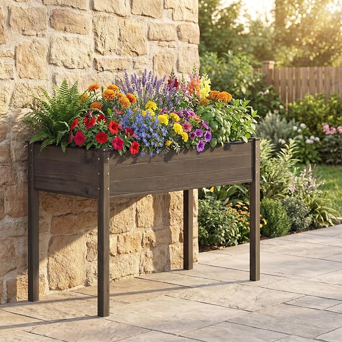 S AFSTAR Raised Garden Bed, Elevated Wooden Planter Box, 47”L x 24”W x 30”H, Outdoor Gardening Planting Bed for Vegetables, Flowers & Herbs Grow, Great for Backyard, Patio, Lawn (Gray)