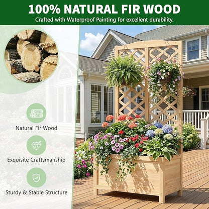 Wooden Raised Garden Bed with Trellis, Freestanding Planter Box with Drainage for Vines Climbing Plants Flowers Herbs, Elevated Gardening Planter for Backyard Balcony Patio