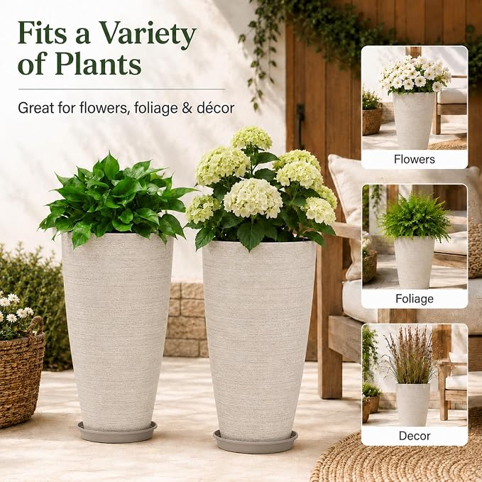 Neoaider Set of 2 Tall Planter, 21 inch Large Plastic Planter, Oat Color | Ceramic-Look, Lightweight, Built-in Drain Hole, Saucers, Tall Outdoor Planter for Porch, Garden, Patio, Balcony
