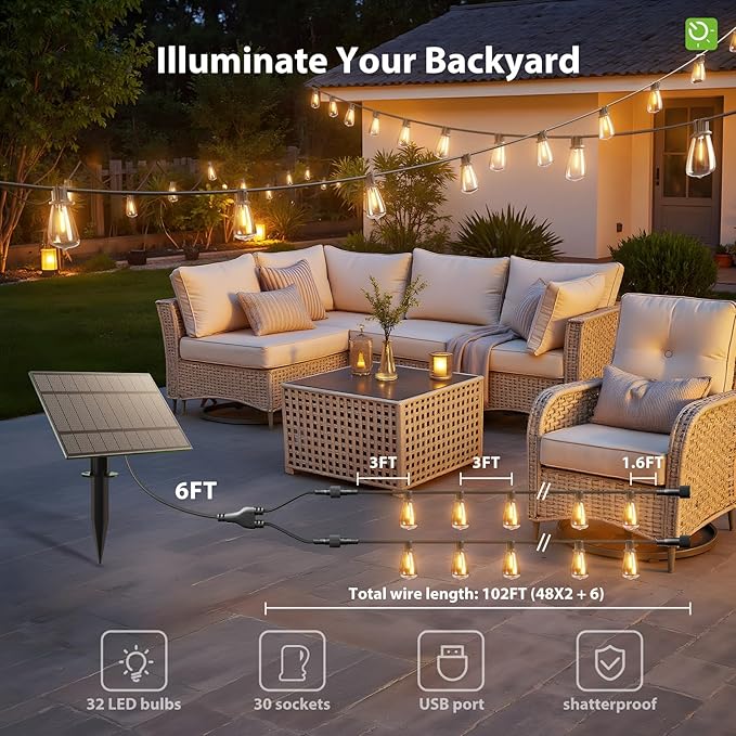 KYY 102FT(96+6) Solar String Lights Outdoor with USB Port Remote Control, LED Waterproof Solar Powered Patio with 32 Sockets, Heavy-Duty and UL Listed Porch Market Lights