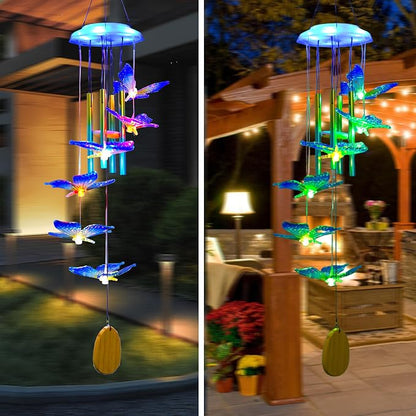 Outdoor Solar Wind Chime Decoration, Mother's Day Birthday Gifts for Grandma, Mom and Family, Outdoor Garden and Courtyard Wind Chime Accessories (Blue Butterfly)