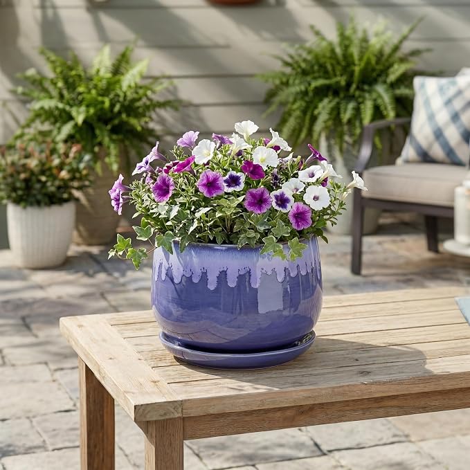 Ceramic Planter for Plants- 9 Inch Plant Pots Indoor with Drainage and Saucer, Decorative Planters, Durable Round Indoor Flower Pot, Garden Room Decor, Plant Gifts for Women Men, Blue