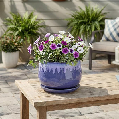 Ceramic Planter for Plants- 9 Inch Plant Pots Indoor with Drainage and Saucer, Decorative Planters, Durable Round Indoor Flower Pot, Garden Room Decor, Plant Gifts for Women Men, Blue