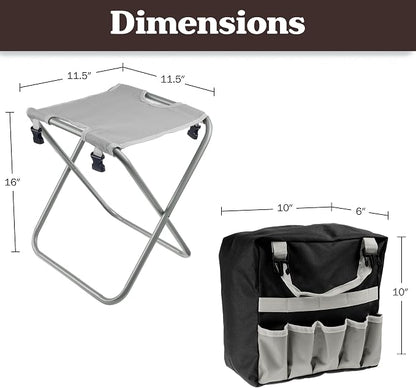 Pure Garden Garden Tools Set - Folding Stool with 250lb Capacity, Detachable 7 Pocket Bag, and 5 Gardening Tools for Weeding and Planting (Gray)