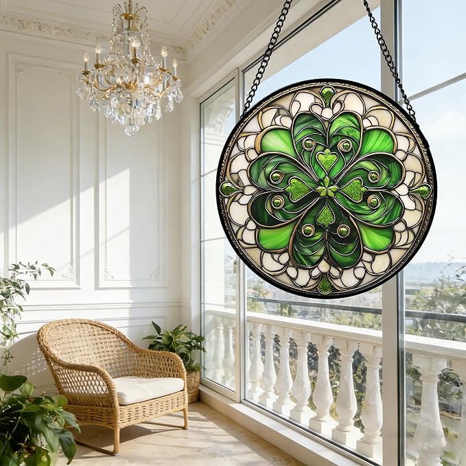 DASTOLL Stained Glass Window Hanging St. Ripak Festival Green Lucky Clover 6.3" - Suncatcher Door Garden Sun Catcher Ireland Decor Mother's Day for Mom Woman Her Men Sisters