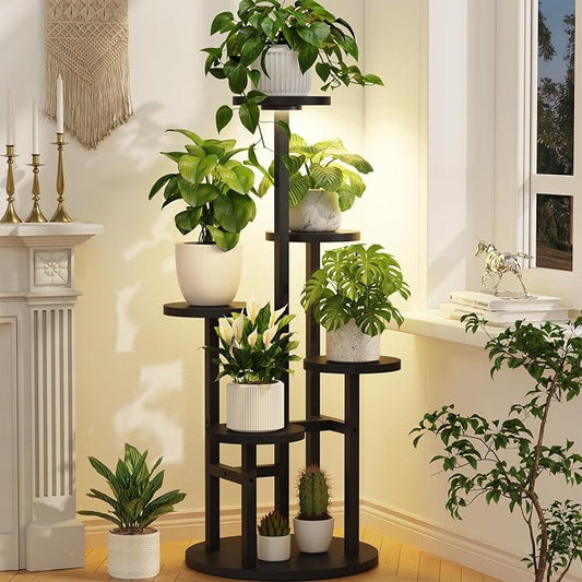 LASZOLA 5 Tiered Wood Plant Stand Indoor Corner with Grow Light, Flower Holder Rack Tall for Multiple Plants, Rustic Planter Shelf Display for Patio Garden Balcony Living Room， Black