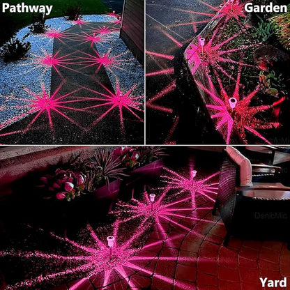 DenicMic Solar Outdoor Lights 10 Pack Pink LED Valentines/Mothers Day Decor | Garden Decor for Outside Yard Patio Flowerbed Pathway Starburst Pattern, Acrylic Diamond-like Lampshade Stainless Steel Pole