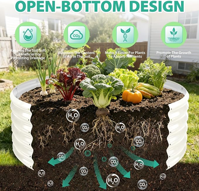 YSEJOMP 17" Tall 48" Diameter Round Raised Garden Bed Kits Outdoor White | Heavy Duty,Rustproof,Durable & Stylish,1.5 FT Tall,4FT Planter Bed,0.8MM Thick Galvanized Metal Painted,with Gloves,Tool free