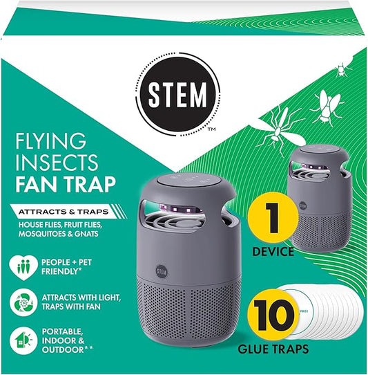 STEM Flying Insect Fan Trap for Indoor Bug Control, Attracts Mosquitoes, Fruit Flies, and House Flies, Plug-in Fan with UV Light, Starter Kit Includes 1 Device and 10 Glue Traps