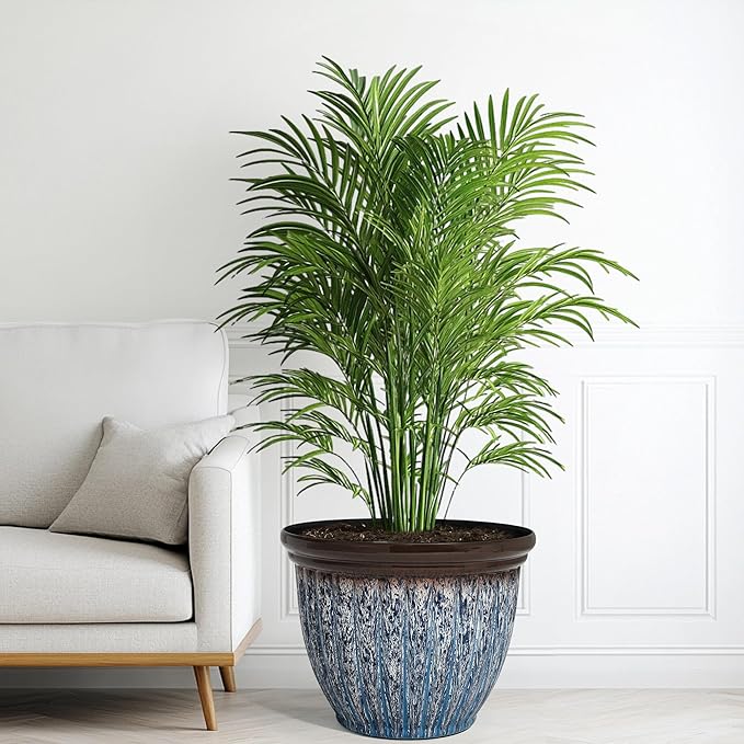 15" Large Flower Pots, 2-Pack Big Plastic Planters for Outdoor Plants | Plant Pot with 3D Textures, Artistic Floating Blue Brown Glaze, Weather-Resistant for Porch, Garden, Patio Yard or Indoor Use