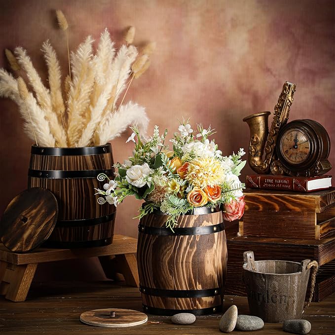 GlikCeil 6 Pcs Wood Wine Barrel Vase Vintage Flower Vase Container Rustic Barrel Planter for Wedding Reception Table Decoration Home Indoor Outdoor Garden Kitchen Party (8 x 6.5 Inch)