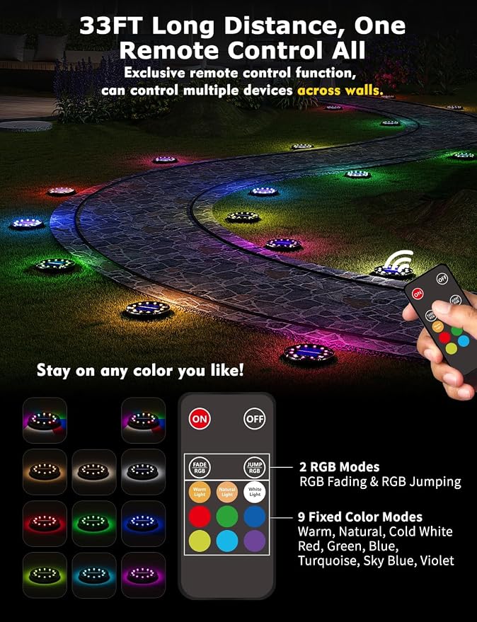 Color Changing Solar Ground Lights with Remote, IP67 Waterproof, 16Pack | 9-Color & 2 Dynamic RGB, 33ft Long Distance Remote Control, Dusk-to-dawn Light Up, Outdoor Flat Disk Light for Yard Lawn Path