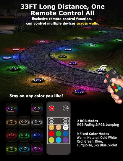 Color Changing Solar Ground Lights with Remote, IP67 Waterproof, 16Pack | 9-Color & 2 Dynamic RGB, 33ft Long Distance Remote Control, Dusk-to-dawn Light Up, Outdoor Flat Disk Light for Yard Lawn Path