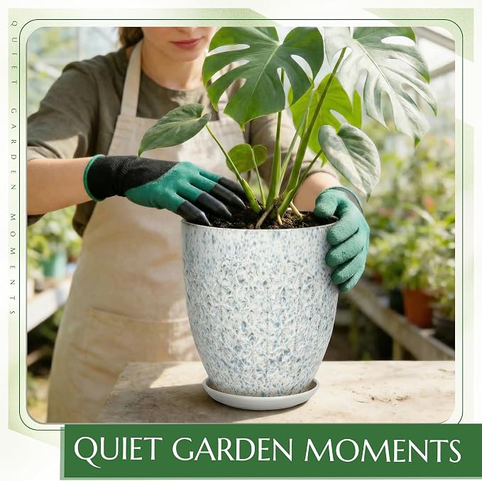 9.5 Inch Flower Pots for Indoor Plants,Ceramic Planter with Saucer Drainage Leak-Proof Mesh Gardening Gloves (Spotted Blue)