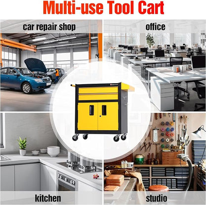 Tool Chest Heavy Duty Cart Steel Rolling Tool Box with Lockable Doors (TZ12 Black Yellow)