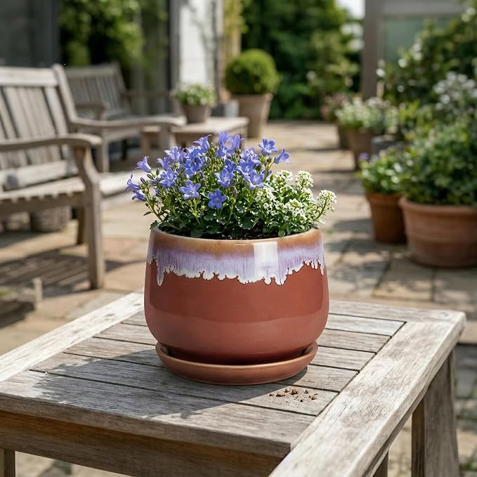 Ceramic Pots for Plants 7 Inch - Ceramic Planters for Indoor Plants, Indoor Plant Pots with Drainage and Saucer, Decorative Round Flower Pot, Garden House Room Decor, Plant Gifts, Red-Purple