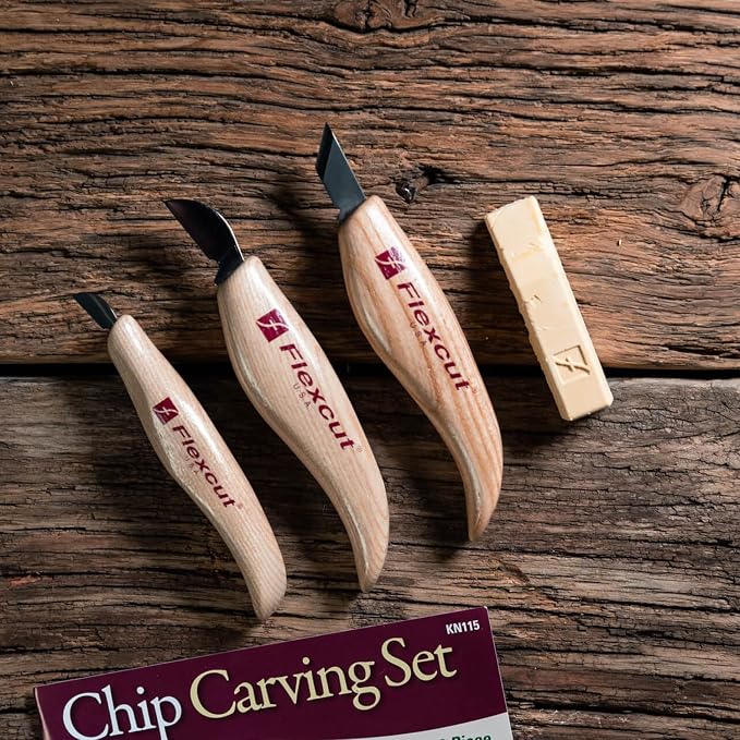 FLEXCUT Wood Carving Knives | Chip Carving Set | 1095 High Carbon Steel Blades | Ergonomic Ashwood Handle | Set of 3 Woodcarving Tools | KN115 | Made in the U.S.A.
