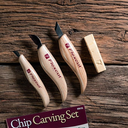 FLEXCUT Wood Carving Knives | Chip Carving Set | 1095 High Carbon Steel Blades | Ergonomic Ashwood Handle | Set of 3 Woodcarving Tools | KN115 | Made in the U.S.A.