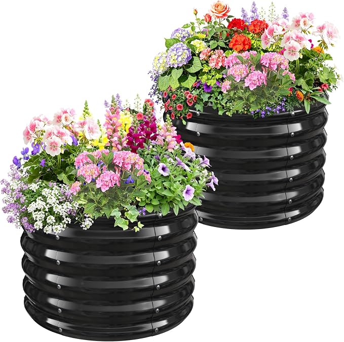 24" Diameter Round Raised Garden Bed - 17 Inch Tall, Heavy-Duty Galvanized Steel Planter Box with Wave-Shaped Panels for Vegetables, Herbs & Flowers (2, Black, 24 Inch Diameter)
